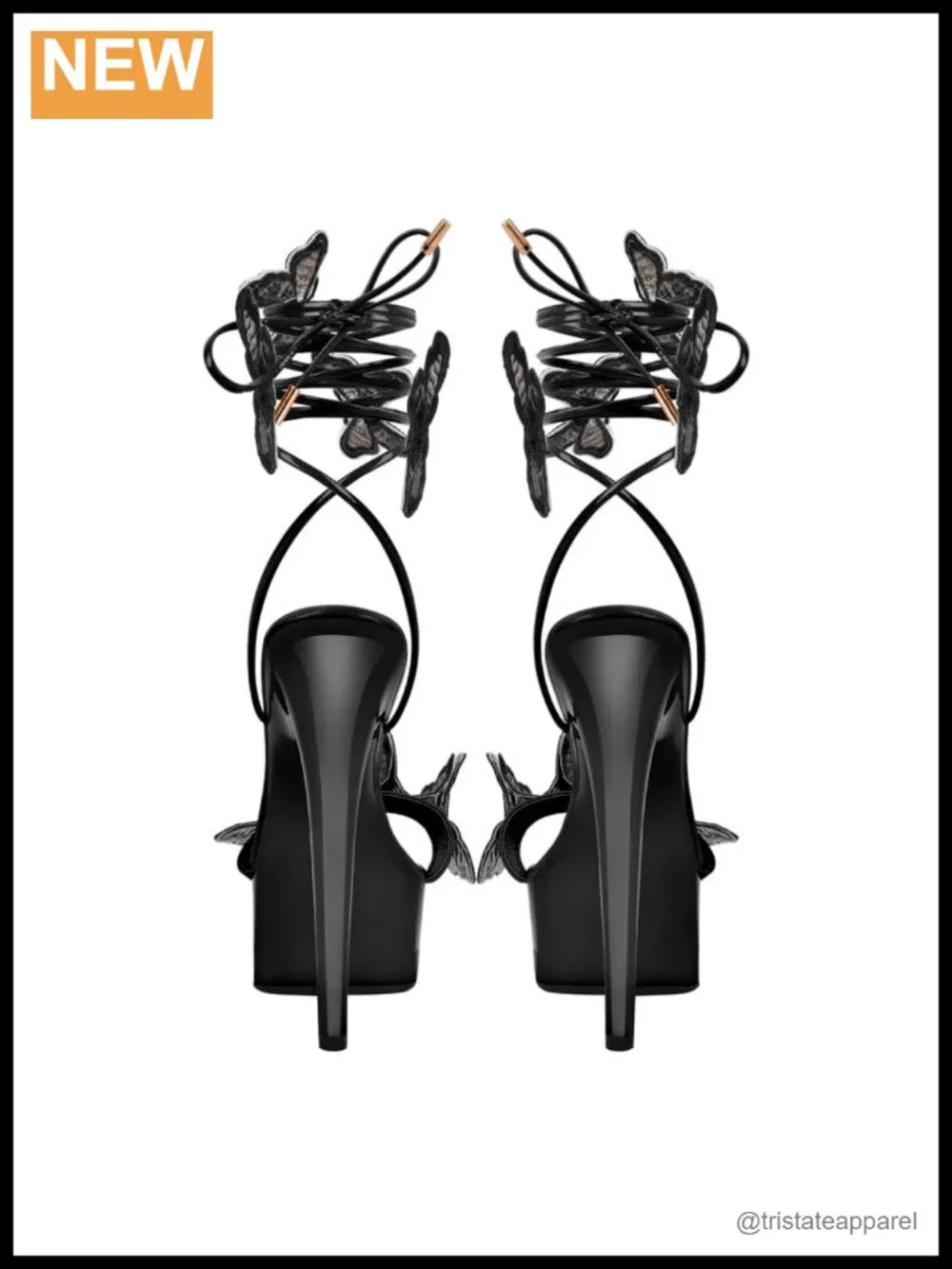 MissHeel Butterfly Faux Leather Platform Stiletto Heels Lace Up Sandals